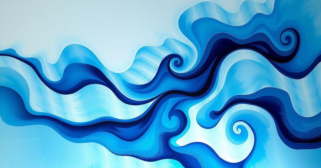 A vibrant blue-themed abstract art piece symbolizing growth, cooperation, and harmony without any identifiable elements.