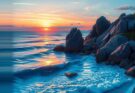 A serene landscape at dusk, featuring soft waves lapping against a rocky shore, reflecting deep blues and purples.