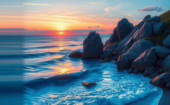 A serene landscape at dusk, featuring soft waves lapping against a rocky shore, reflecting deep blues and purples.