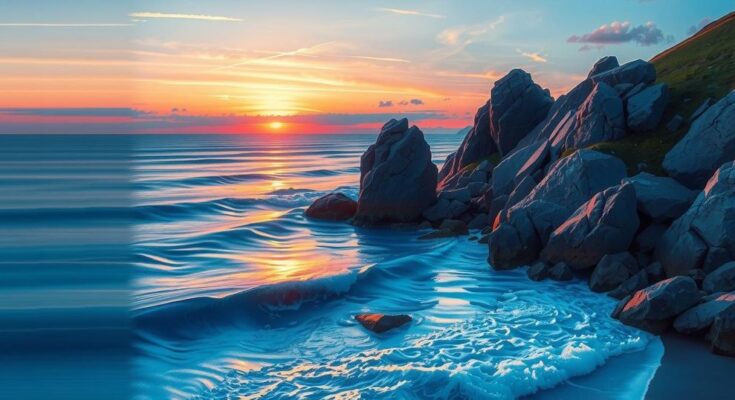 A serene landscape at dusk, featuring soft waves lapping against a rocky shore, reflecting deep blues and purples.