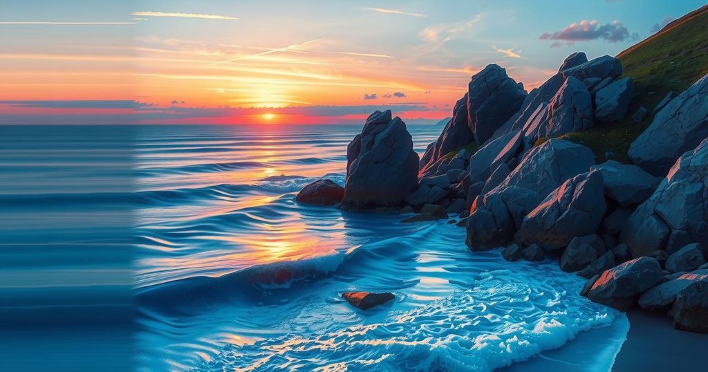 A serene landscape at dusk, featuring soft waves lapping against a rocky shore, reflecting deep blues and purples.