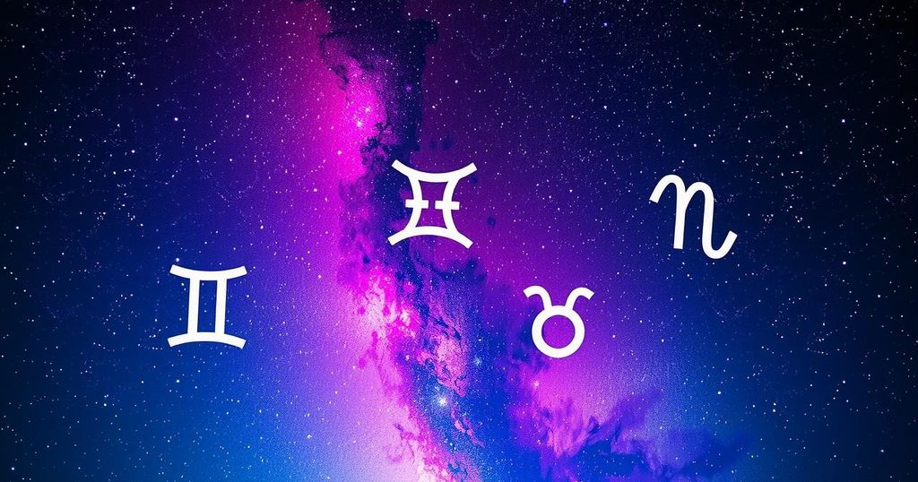 Astrological symbols representing zodiac signs on a starry sky background with vibrant cosmic colours.