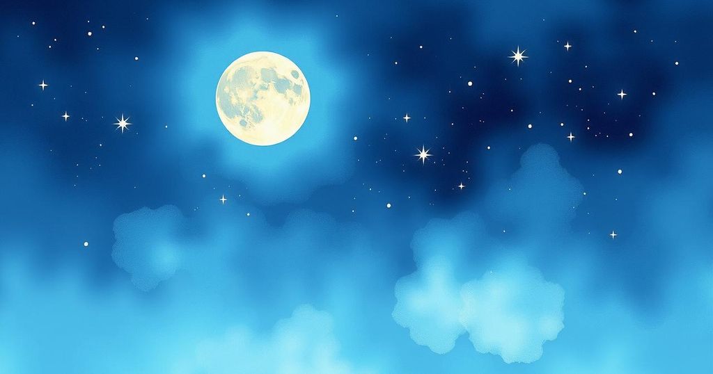 A serene night sky with twinkling stars and a dreamy moon, depicting emotional connection and introspection.