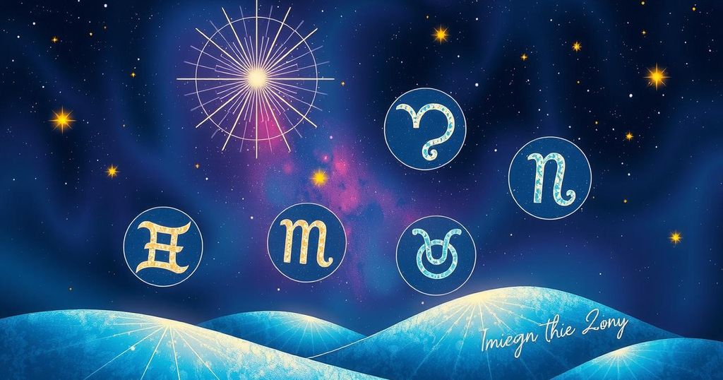 Cosmic astrology themed illustration featuring zodiac symbols against a starry night sky.