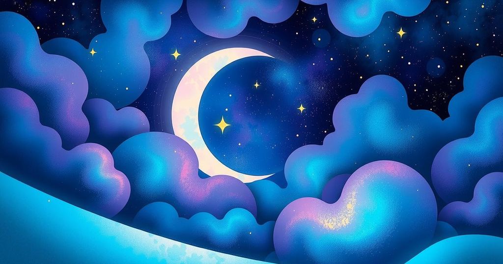 A cosmic scene depicting the zodiac signs with Sagittarius moon, using vibrant colours and a dreamy style.