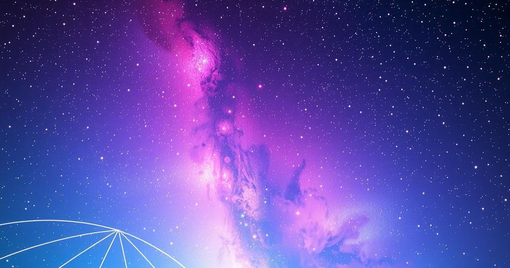 Twinkling stars against a dark night sky with zodiac symbols and pastel-hued astrological signs, representing love horoscopes.