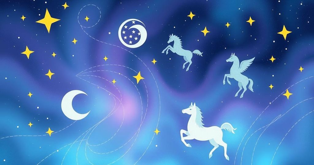 A serene cosmic landscape with zodiac signs, stars, and a calming colour palette of blues and purples.