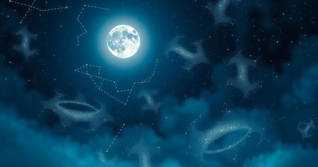 A celestial scene featuring a luminous moon, constellations, and a serene night sky, evoking a sense of teamwork and caution.