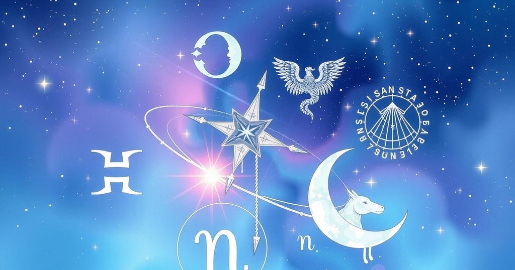 Astrological symbols and stars against a cosmic background in soft blues and lilacs, featuring a celestial theme.