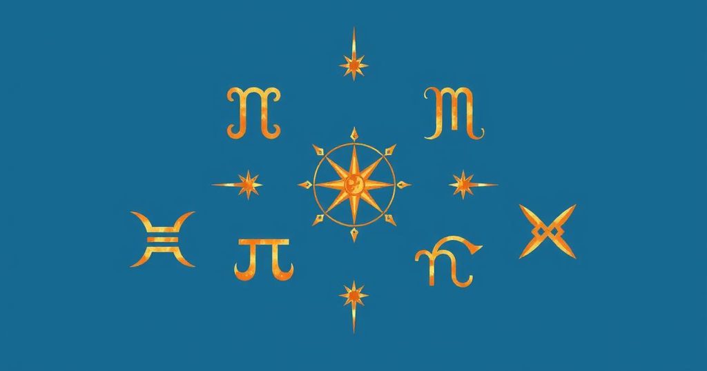 Astrological symbols representing daily horoscopes in a minimalist design with shades of blue and gold.