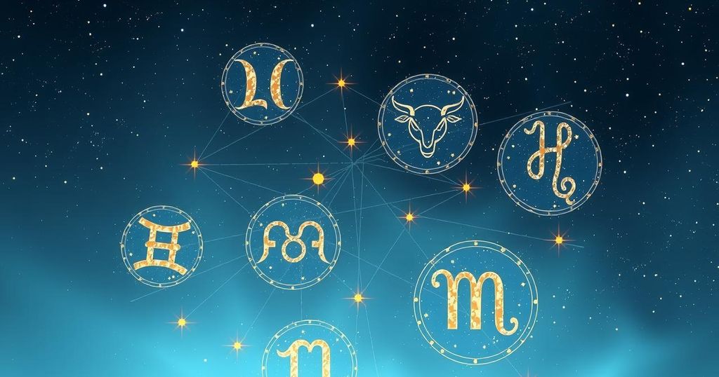 A celestial theme representing astrology, showing zodiac signs and stars in calm blue and gold hues.