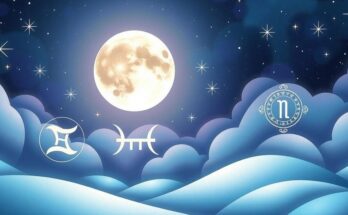 A celestial scene featuring the moon in Gemini, vibrant constellations, and astrological symbols in soothing colours.