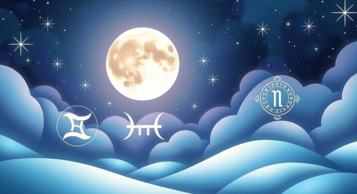 A celestial scene featuring the moon in Gemini, vibrant constellations, and astrological symbols in soothing colours.