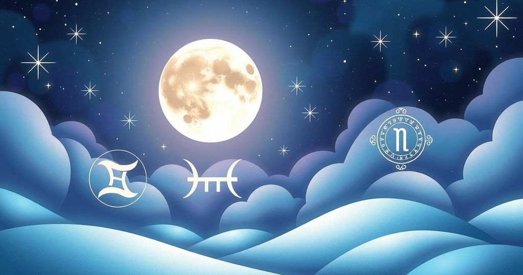 A celestial scene featuring the moon in Gemini, vibrant constellations, and astrological symbols in soothing colours.