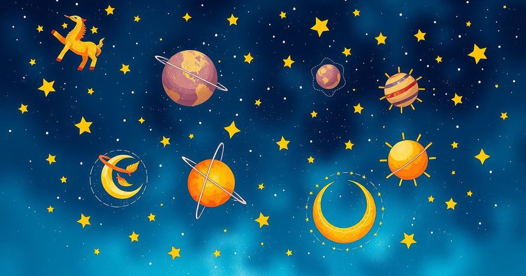 A vibrant astrological illustration representing positive energy, zodiac symbols, and a cosmic background in bright hues.