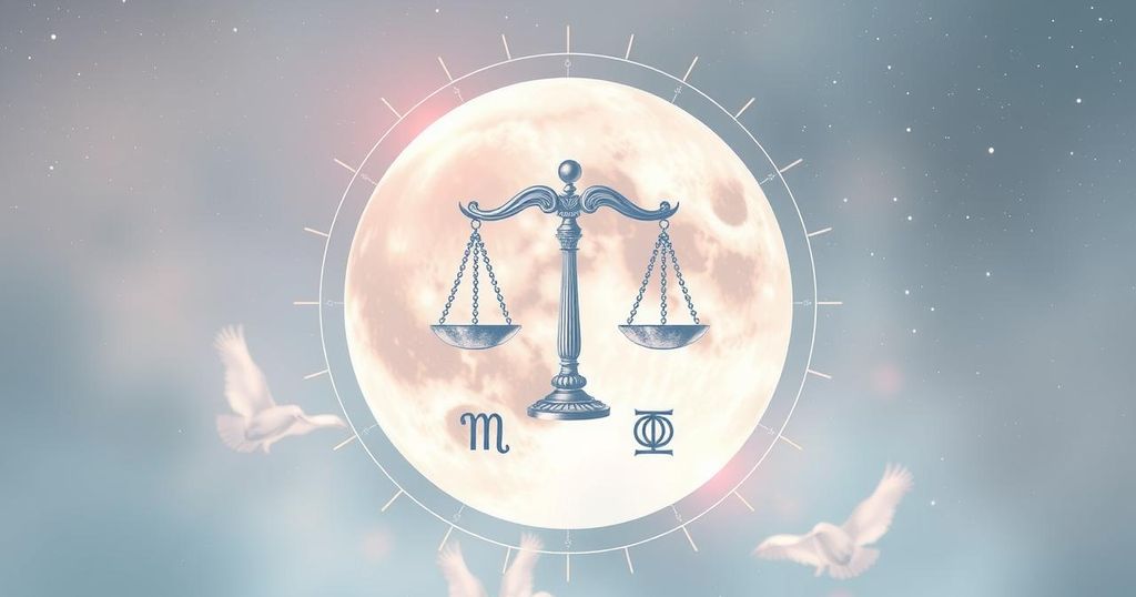 Celestial theme illustrating Libra Full Moon with zodiac symbols, in a soothing pastel colour palette.
