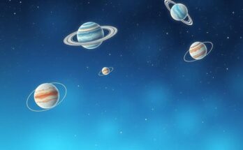 Celestial scene with calm planets, starry sky, and zodiac symbols against a tranquil blue background.