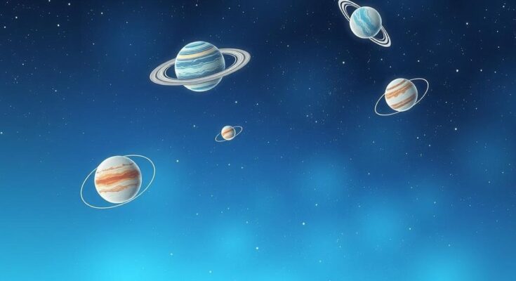 Celestial scene with calm planets, starry sky, and zodiac symbols against a tranquil blue background.