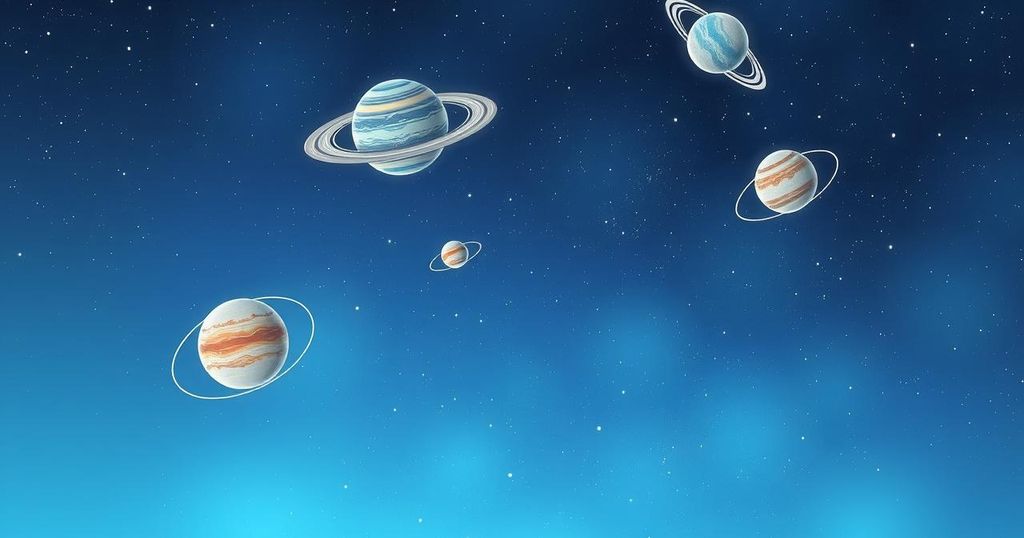 Celestial scene with calm planets, starry sky, and zodiac symbols against a tranquil blue background.