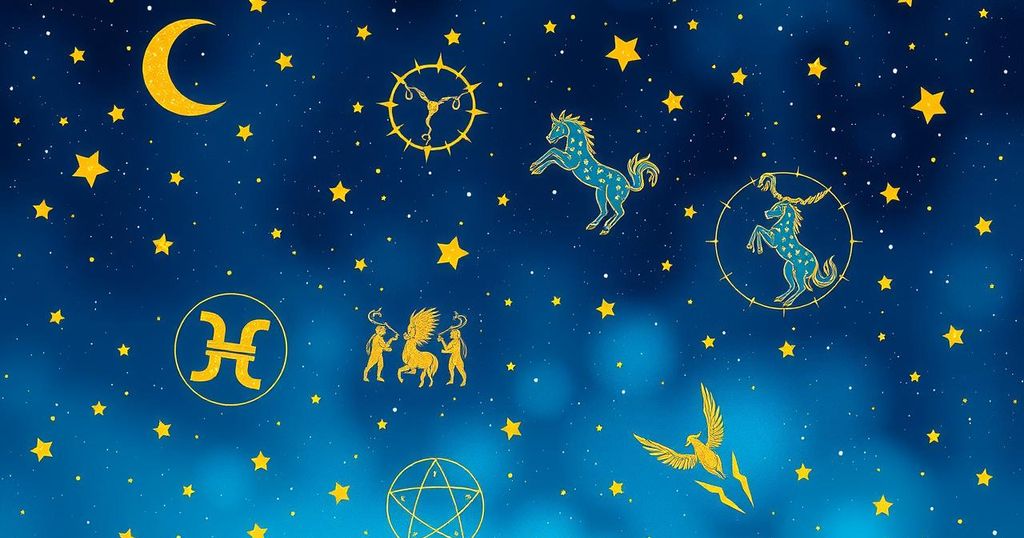 Astrological symbols and a starry night sky with zodiac constellations in vibrant blue and gold hues.