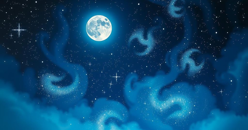 Night sky with twinkling stars and a luminous new moon, representing astrological themes and zodiac signs.