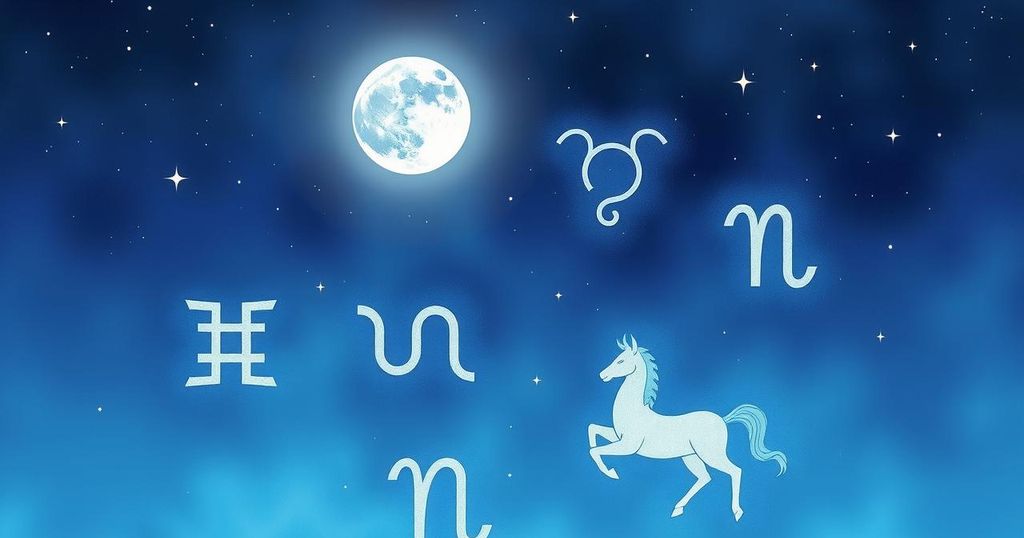 Zodiac symbols with cosmic elements and a full moon in a serene night sky, showcasing astrological themes with starry hues.