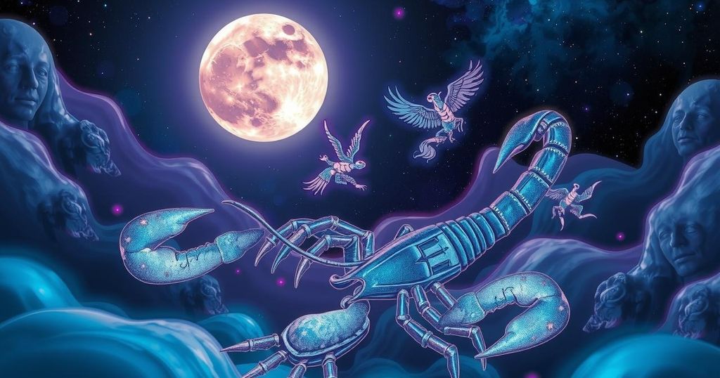Illustration of zodiac signs with a Scorpio full moon, in cosmic theme, deep blues and purples, mystical atmosphere.