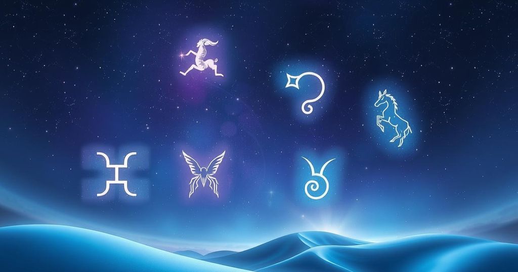 A cosmic scene with zodiac symbols in constellations, soft blues and purples blending in a mystical sky.