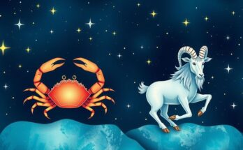 A vibrant astrological illustration with zodiac signs bursts, showcasing Cancer and Capricorn, surrounded by colourful celestial elements.