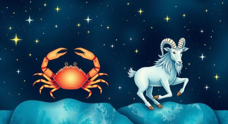 A vibrant astrological illustration with zodiac signs bursts, showcasing Cancer and Capricorn, surrounded by colourful celestial elements.
