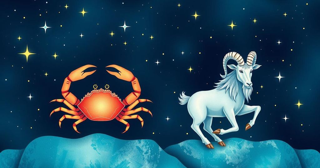 A vibrant astrological illustration with zodiac signs bursts, showcasing Cancer and Capricorn, surrounded by colourful celestial elements.