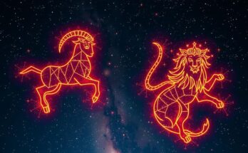 A vibrant cosmic scene featuring constellations and celestial bodies symbolizing Aries and Leo, with warm colours.
