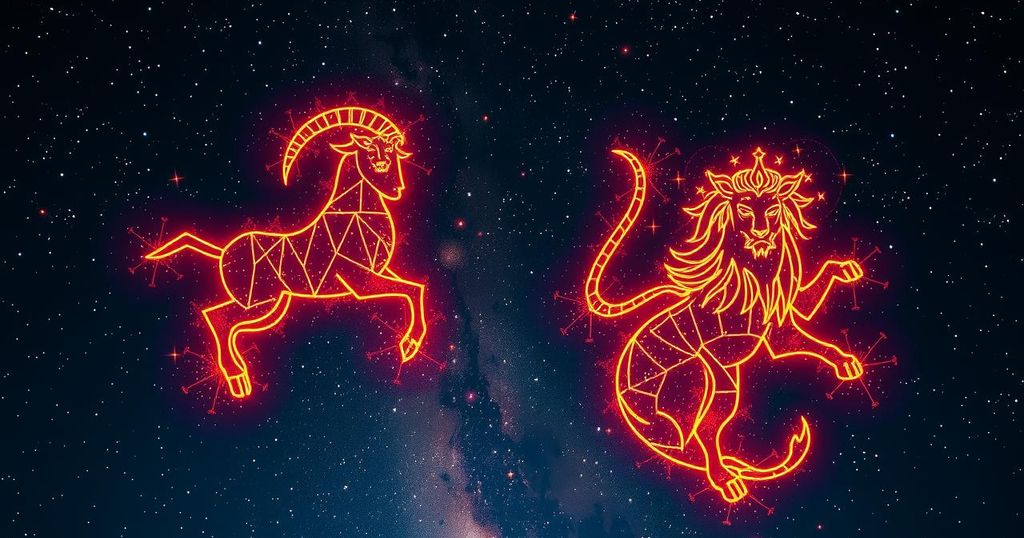 A vibrant cosmic scene featuring constellations and celestial bodies symbolizing Aries and Leo, with warm colours.
