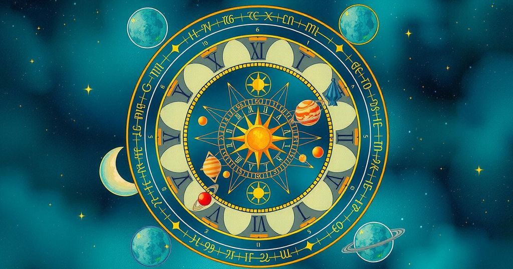 A vibrant zodiac wheel showing various astrological signs and planetary symbols in colourful artistic style.