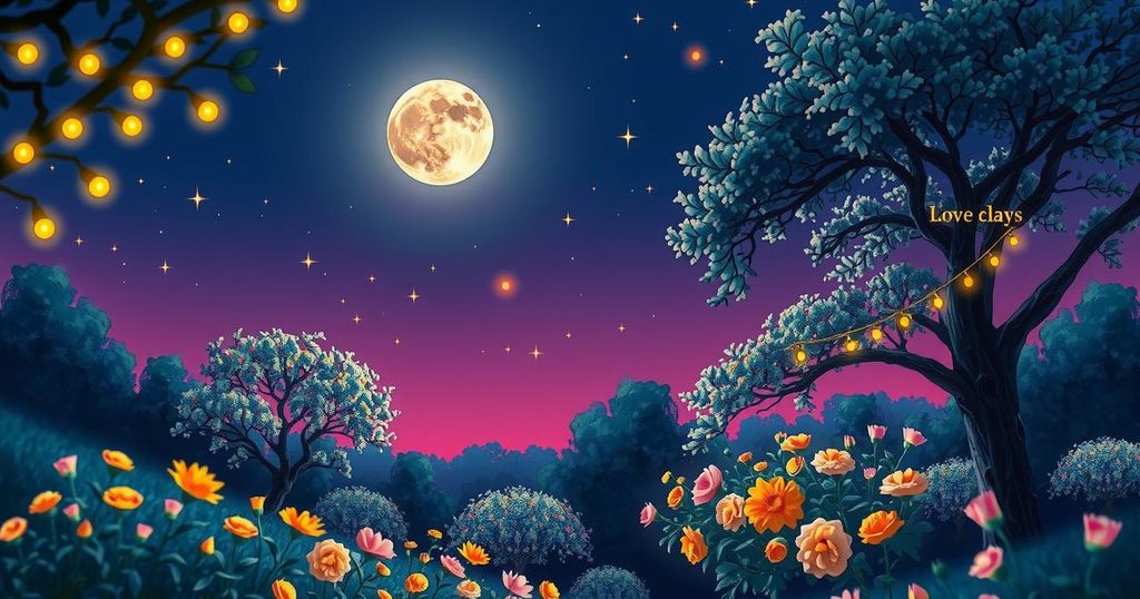 A vibrant New Moon in Gemini night sky over a romantic setting with twinkling stars and soft glowing lights.