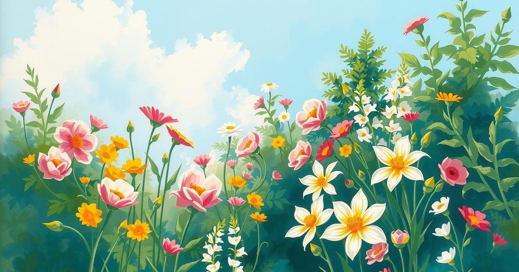 A serene garden with blooming flowers, vibrant greenery, and soft sunlight, evoking peace and introspection.
