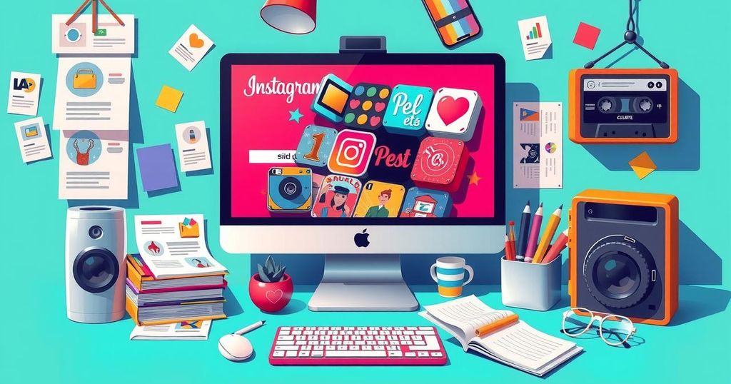 A creative business concept featuring digital ads with playful designs and colours, surrounded by various media icons.