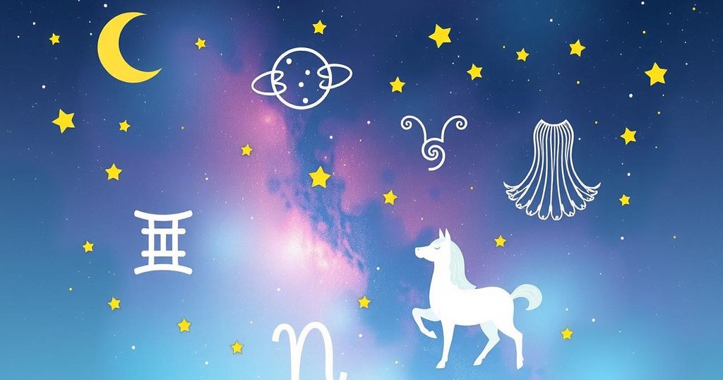 Astrological symbols and zodiac signs in a colourful celestial background representing horoscope insights.