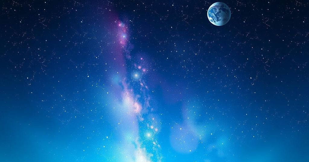 A celestial scene featuring stars, planets, and a tranquil night sky symbolizing introspection and love horoscopes.