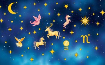 A celestial illustration representing zodiac signs, featuring stars and constellations in cosmic hues.