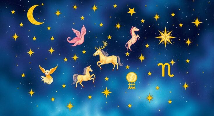 A celestial illustration representing zodiac signs, featuring stars and constellations in cosmic hues.