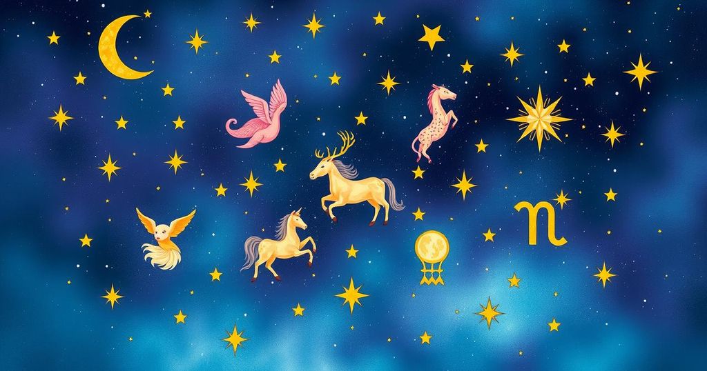 A celestial illustration representing zodiac signs, featuring stars and constellations in cosmic hues.