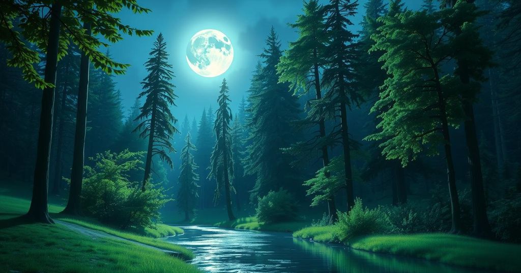A serene landscape featuring a peaceful forest during a lunar phase, vibrant colours depicting emotional intensity.