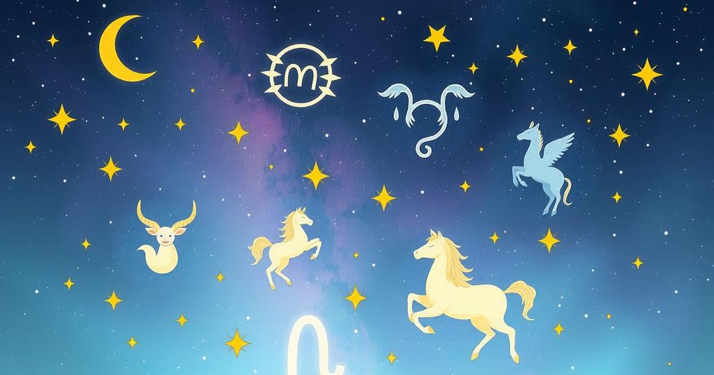 A celestial graphic with zodiac symbols, stars, and constellations in soft pastels, capturing astrological predictions.