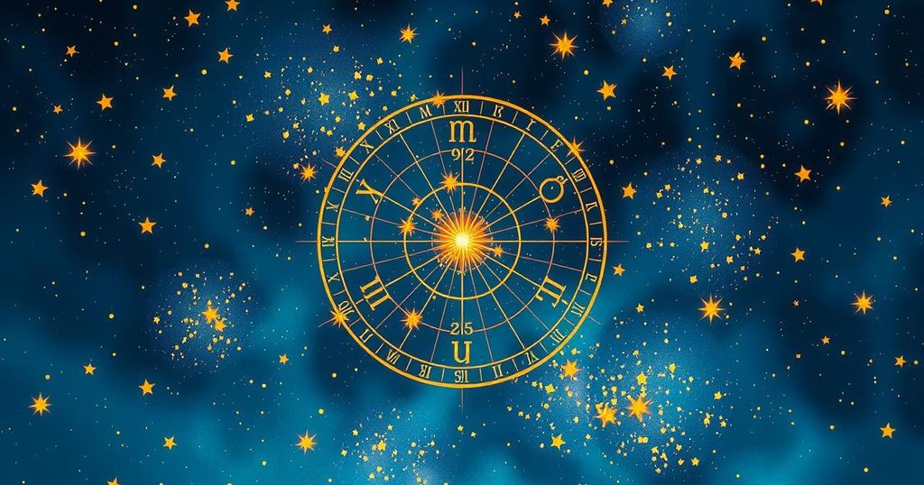 A starry night sky with the zodiac wheel illuminated, creating a magical atmosphere, in a deep blue and gold colour scheme.
