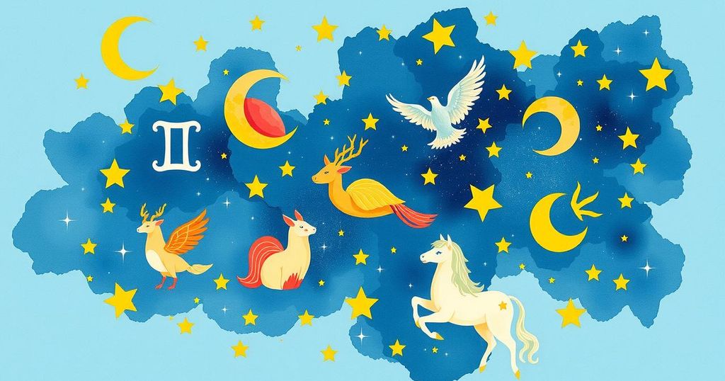 Astrological signs illustrated with celestial elements and cosmic backgrounds, reflecting the theme of daily horoscopes.