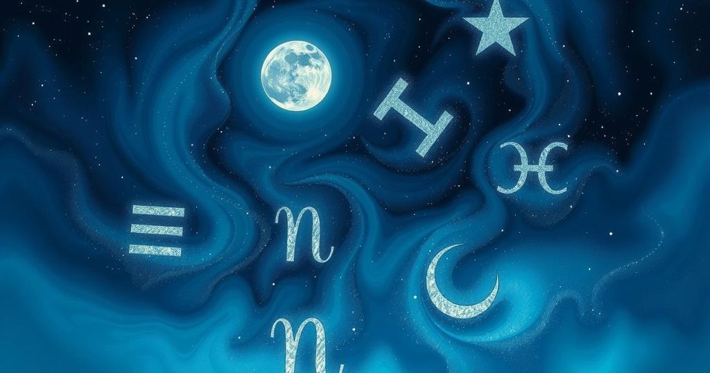Five zodiac signs embracing emotional growth during a Moon-Pluto conjunction with a night sky and stars.