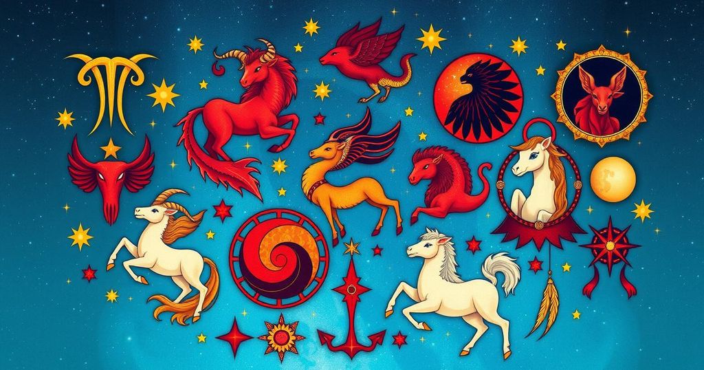 Astrological symbols surrounded by zodiac signs, in vibrant colors reflecting each sign's personality traits.
