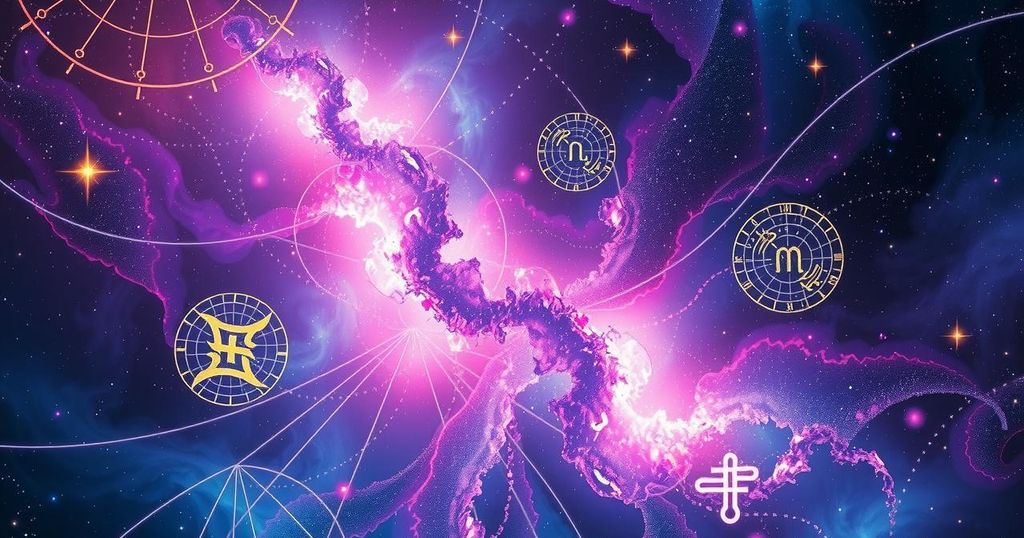 Astrological symbols on a cosmic background representing daily horoscopes for a vibrant and mystical experience.