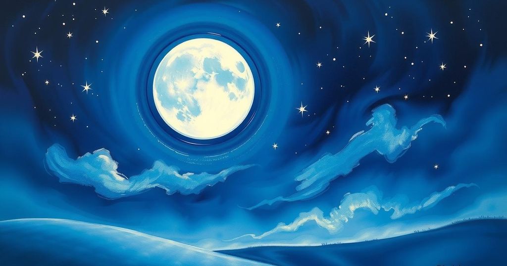 A mystical night sky with a vibrant full moon and constellations, reflecting astrological themes and celestial energies.